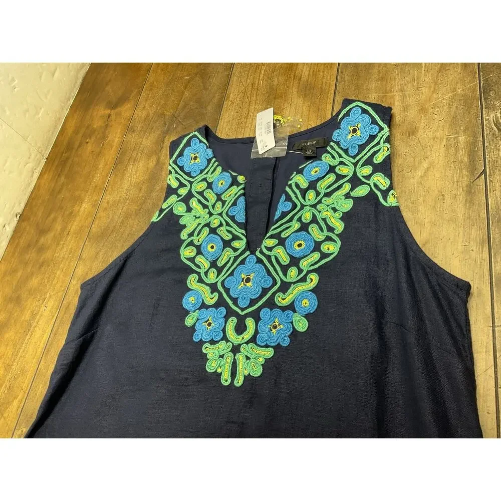 J.CREW Shift Dress Navy Blue Green Embroidered Linen Sleeveless Floral Button MT
